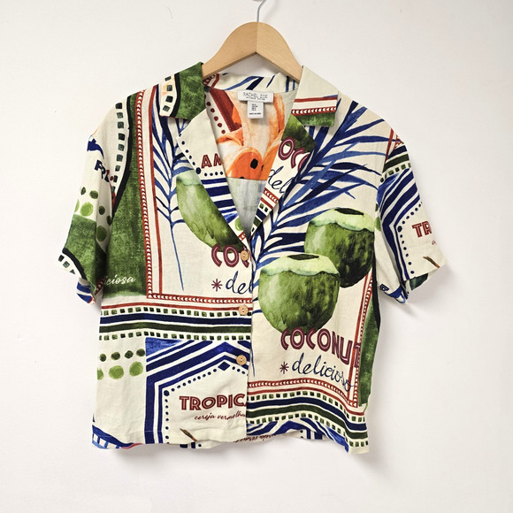 Rachel Zoe Shirt Small Tropical Floral Coconuts Button Front Crop Linen Blend - Picture 1 of 9
